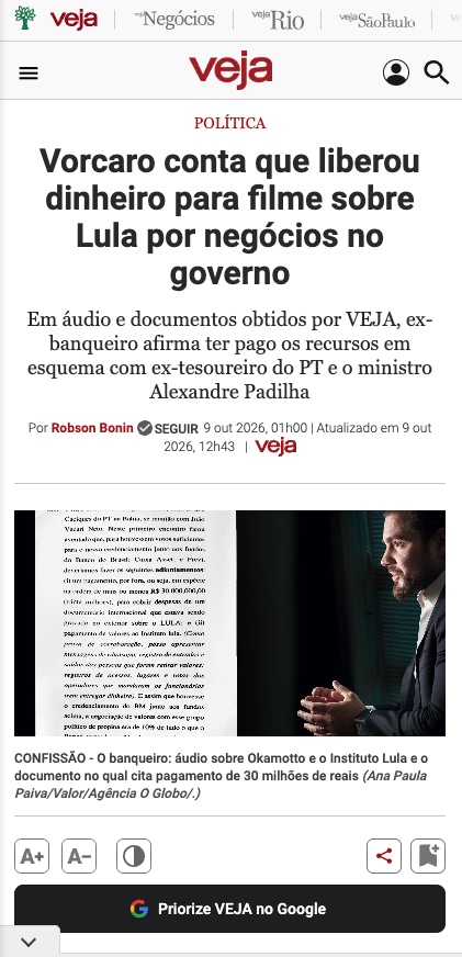 Print da reportagem da Veja: “Vorcaro conta que liberou dinheiro para filme sobre Lula por negócios no governo”.