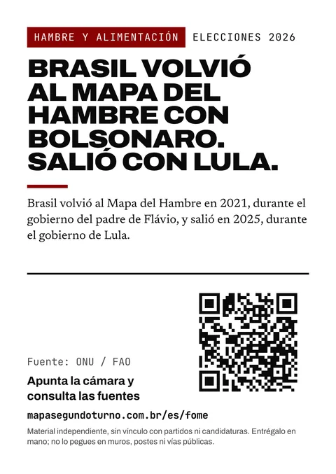 Vista previa del folleto: Hambre y alimentación. Elecciones 2026. Brasil volvió al Mapa del Hambre con Bolsonaro. Salió con Lula. Brasil volvió al Mapa del Hambre en 2021, durante el gobierno del padre de Flávio, y salió en 2025, durante el gobierno de Lula. Fuente: ONU / FAO. Apunta la cámara y consulta las fuentes. mapasegundoturno.com.br/es/fome. Material independiente, sin vínculo con partidos ni candidaturas. Entrégalo en mano; no lo pegues en muros, postes ni vías públicas.