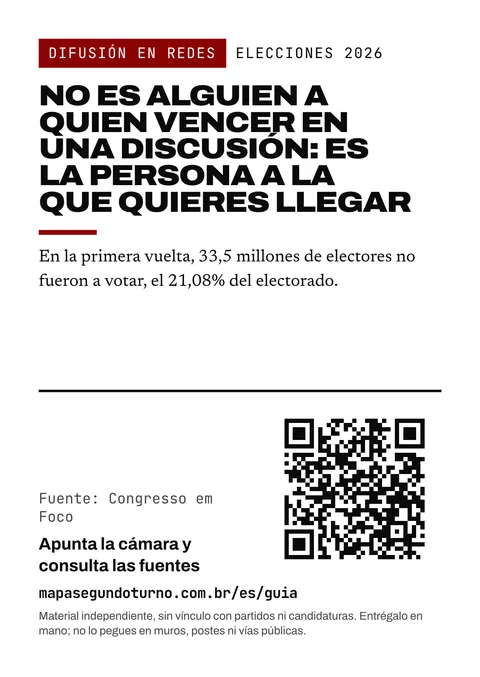 Vista previa del folleto: Difusión en redes. Elecciones 2026. No es alguien a quien vencer en una discusión: es la persona a la que quieres llegar. En la primera vuelta, 33,5 millones de electores no fueron a votar, el 21,08% del electorado. Fuente: Congresso em Foco. Apunta la cámara y consulta las fuentes. mapasegundoturno.com.br/es/guia. Material independiente, sin vínculo con partidos ni candidaturas. Entrégalo en mano; no lo pegues en muros, postes ni vías públicas.