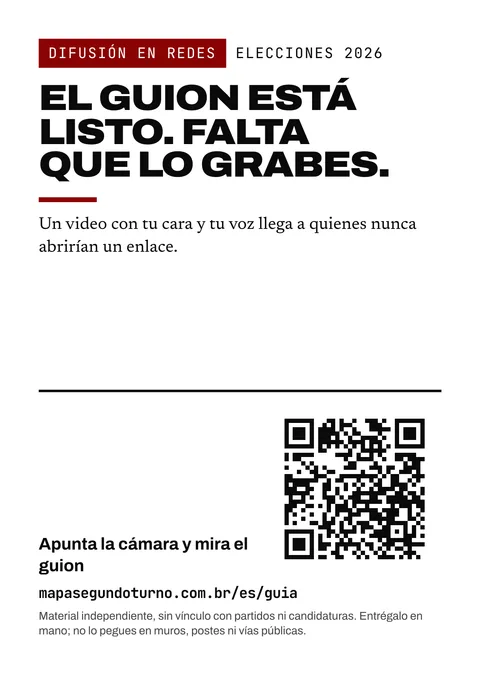 Vista previa del folleto: Difusión en redes. Elecciones 2026. El guion está listo. Falta que lo grabes. Un video con tu cara y tu voz llega a quienes nunca abrirían un enlace. Apunta la cámara y mira el guion. mapasegundoturno.com.br/es/guia. Material independiente, sin vínculo con partidos ni candidaturas. Entrégalo en mano; no lo pegues en muros, postes ni vías públicas.