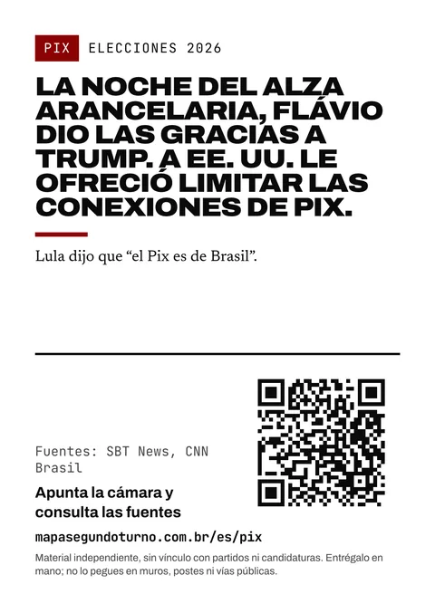 Vista previa del folleto: Pix. Elecciones 2026. La noche del alza arancelaria, Flávio dio las gracias a Trump. A EE. UU. le ofreció limitar las conexiones de Pix. Lula dijo que “el Pix es de Brasil”. Fuentes: SBT News, CNN Brasil. Apunta la cámara y consulta las fuentes. mapasegundoturno.com.br/es/pix. Material independiente, sin vínculo con partidos ni candidaturas. Entrégalo en mano; no lo pegues en muros, postes ni vías públicas.