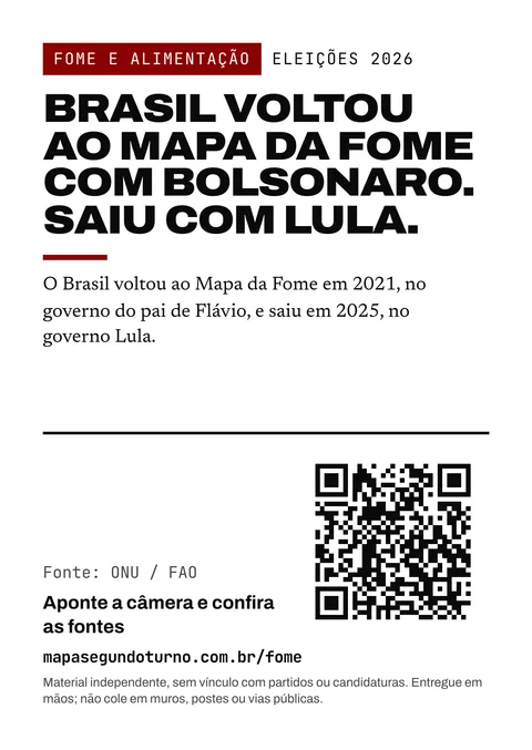 Prévia do folheto: Fome e alimentação. Eleições 2026. Brasil voltou ao Mapa da Fome com Bolsonaro. Saiu com Lula. O Brasil voltou ao Mapa da Fome em 2021, no governo do pai de Flávio, e saiu em 2025, no governo Lula. Fonte: ONU / FAO. Aponte a câmera e confira as fontes. mapasegundoturno.com.br/fome. Material independente, sem vínculo com partidos ou candidaturas. Entregue em mãos; não cole em muros, postes ou vias públicas.