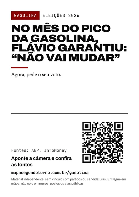 Prévia do folheto: Gasolina. Eleições 2026. No mês do pico da gasolina, Flávio garantiu: “não vai mudar”. Agora, pede o seu voto. Fontes: ANP, InfoMoney. Aponte a câmera e confira as fontes. mapasegundoturno.com.br/gasolina. Material independente, sem vínculo com partidos ou candidaturas. Entregue em mãos; não cole em muros, postes ou vias públicas.