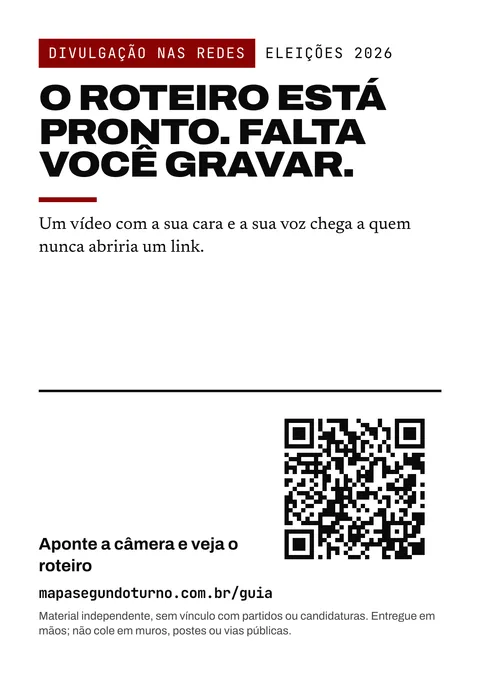 Prévia do folheto: Divulgação nas redes. Eleições 2026. O roteiro está pronto. Falta você gravar. Um vídeo com a sua cara e a sua voz chega a quem nunca abriria um link. Aponte a câmera e veja o roteiro. mapasegundoturno.com.br/guia. Material independente, sem vínculo com partidos ou candidaturas. Entregue em mãos; não cole em muros, postes ou vias públicas.
